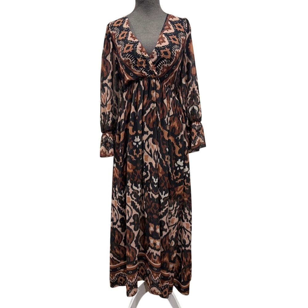 LaMiar Italy Brown Ikat Print V-Neck Maxi Dress Long Sleeve Empire Waist‎ 31569